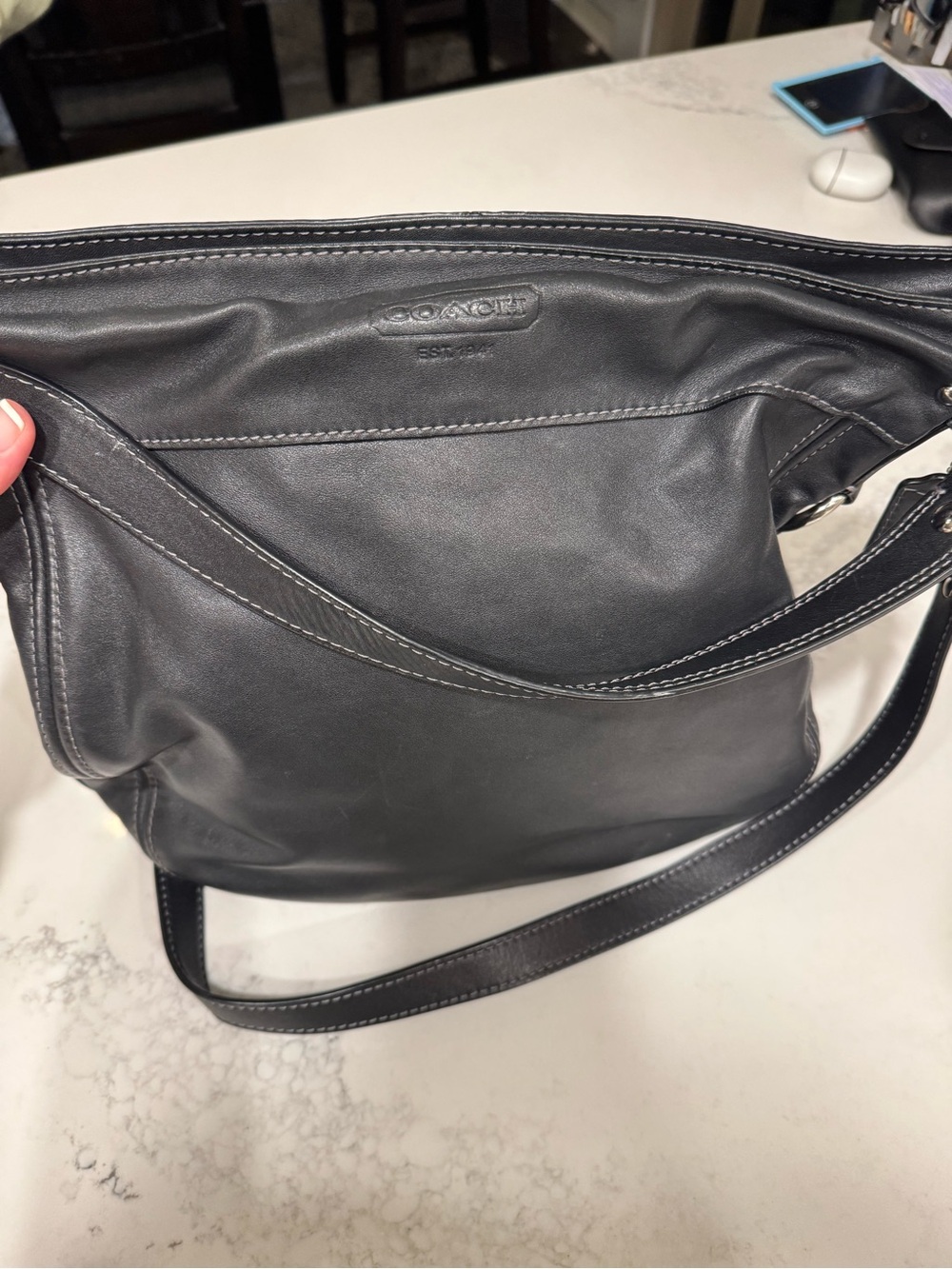 Coach Black Leather Shoulder Bag with Top Stitched Detail